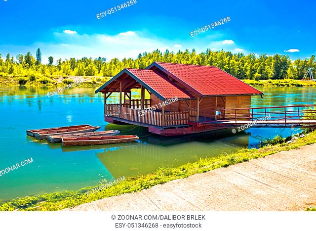 Drava river floating wooden cabin, Medjimurje region of Croatia