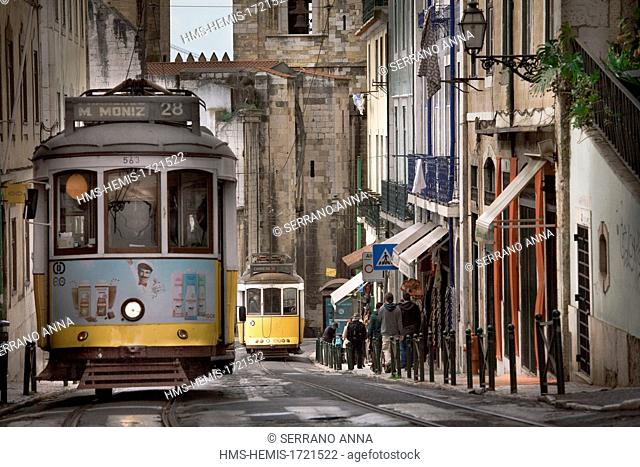 Portugal, Lisbon, Santa Maria Maior cathedral in Alfama district and tramway