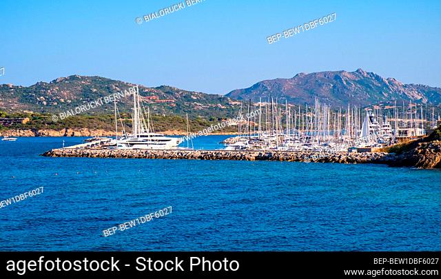 Portisco, Sardinia / Italy - 2019/07/19: Panoramic view of yacht marina and port of Portisco resort town - Marina di Portisco - at Costa Smeralda Emerald Cost...