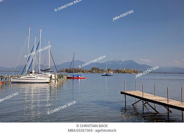 Island Frauenchiemsee in the lake Chiemsee, Chiemgau, Gstadt, Upper Bavaria, Bavaria, South Germany, Germany