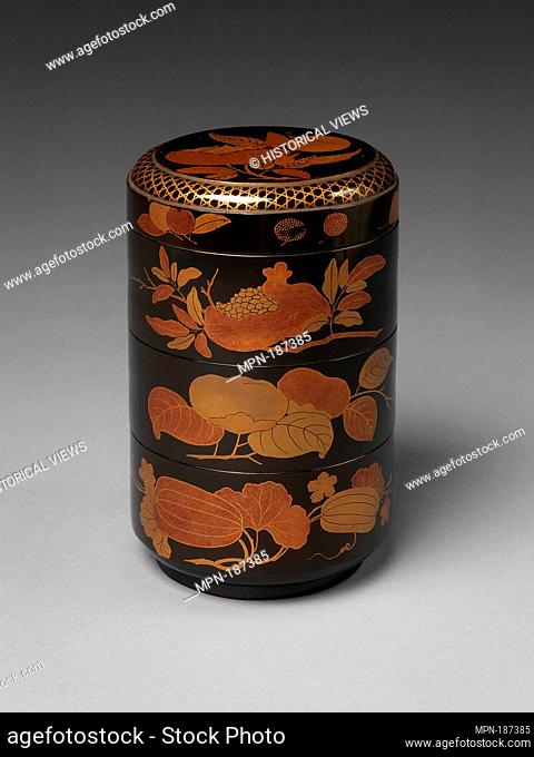 Cylindrical Stack of Food Boxes with Decoration of Autumn Fruits. Period: Edo period (1615-1868); Date: 17th century; Culture: Japan; Medium: Gold maki-e on...