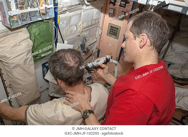 Expedition 35 Flight Engineer Tom Marshburn fills the role of barber for Commander Chris Hadfield in the Unity node of the Earth-orbiting International Space...