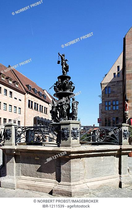 Tugendbrunnen virtues' fountain, late renaissance, by Benedict Wurzelbauer, from 1584 to 1589, old town, Nuremberg, Middle Franconia, Franconia, Bavaria