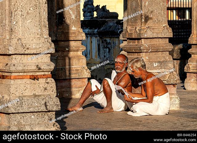 Temple priest sitting on a mandapam in Thillai Nataraja temple, Chidambaram, Tamil Nadu, South India, India, Asia