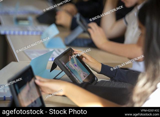 Pupils use digital tools during class on the first day of school for the 2022-2023 school year at the Sint-Ursula-Instituut in Onze-Lieve-Vrouw-Waver