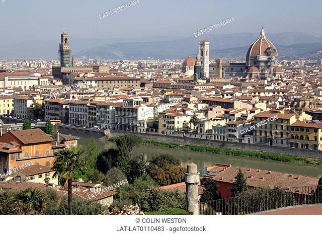 View of city from Piazzale Michelangelo. River Arno. Duomo. Campanile. Tower. Cityscape