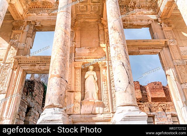 Celsus Library in Ephesus in Selcuk (Izmir), Turkey. Marble statue is Sophia, Goddess of Wisdom, at the Celcus Library at Ephesus, Turkey