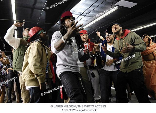 (L-R) Lil Chuckee, Rap Superstar Lil Wayne, Mack Maine and guest on the set of their music video with Young Money called ""Every Girl"" filmed in Los Angeles