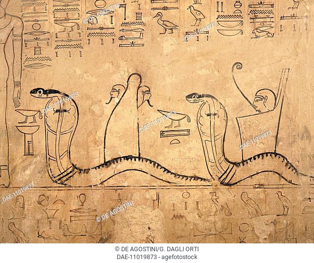 The Uraei (Serpent) Goddesses Isis and Nephthys, painted mural with a scene of the afterlife, Tomb of Seti I, also known as Tomb KV17, Valley of the Kings
