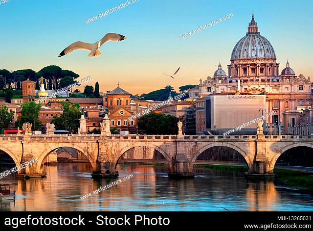 Birds flying over Tiber river near Vatican and bridge of Vittorio Emanuele II, Italy