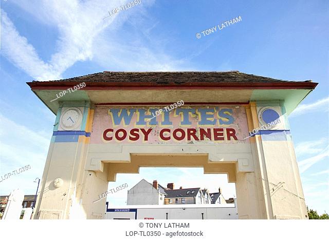 Wales, Vale of Glamorgan, Barry Island, A view of Whites Cosy Corner archway at the Barry Island Pleasure Beach in Glamorgan