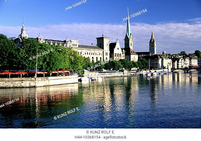 10368154, Bauschänzli, Fraumünster, church, church Saint Peter, Limmat, river, flow, Switzerland, Europe, Stadthausquai, town