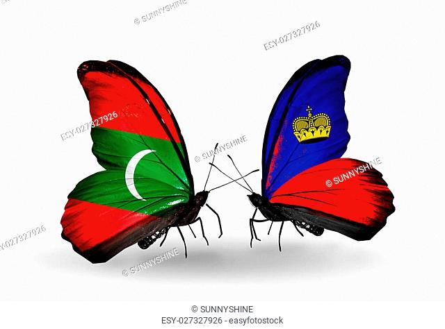 Two butterflies with flags on wings as symbol of relations Maldives and Liechtenstein