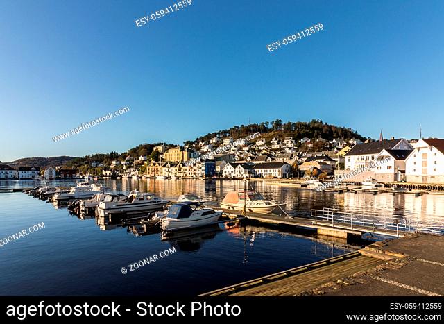 Farsund, view from the ocean, houses by the sea in a small city in the southes part of Norway