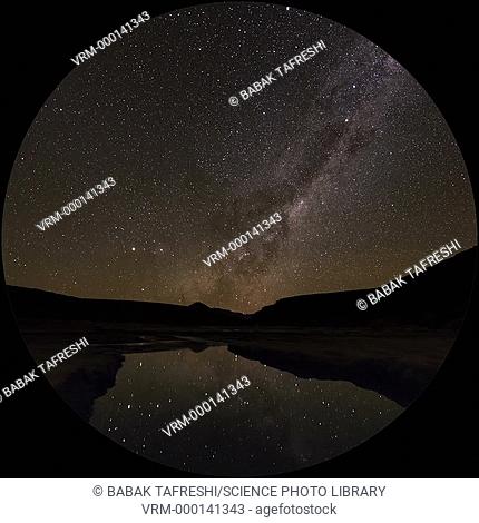 Timelapse footage of the Milky Way in the night sky, reflected in a lake. Filmed in the Altiplano, northern Chile, April 2016