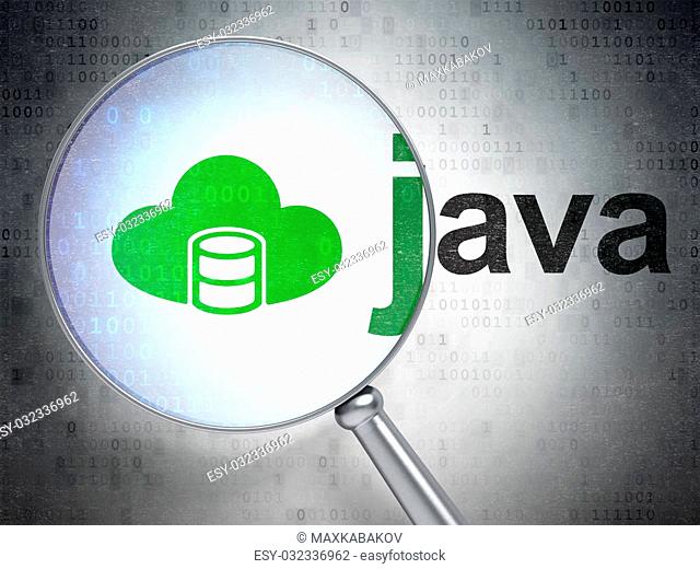 Software concept: magnifying optical glass with Database With Cloud icon and Java word on digital background, 3D rendering