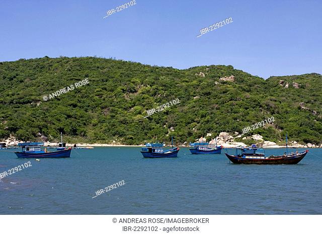 Coastal landscape with fishing boats near Vinh Hy, Vietnam, Asia