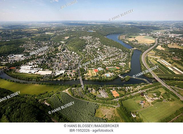 Aerial view, river Ruhr between the Hagen, Dortmund and Herdecke cities, Koepchenwerk pumped storage power plant in Herdecke