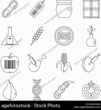 GMO icons set food. Outline illustration of 16 GMO food vector icons for web
