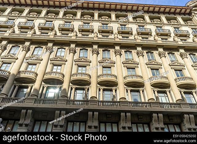 balconies with Corinthian style columns, Facades and traditional architecture in the old town of Barcelona, Spain