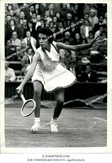 Jun. 06, 1958 - Wimbledon championships - Third day: Photo shows Miss M. Bueno, of Brazil, seen in action during her singels match against Miss R