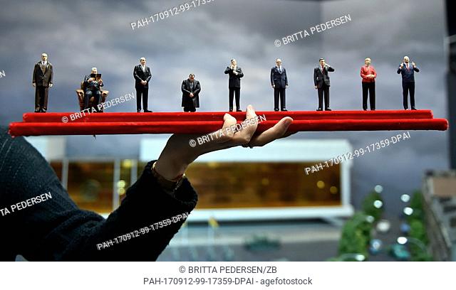 Miniture figures of the German Chancellor Konrad Adenauer (L-R), Ludwig Erhard, Kurt Georg Kiesinger, Willy Brandt, Helmut Schmidt, Helmut Kohl