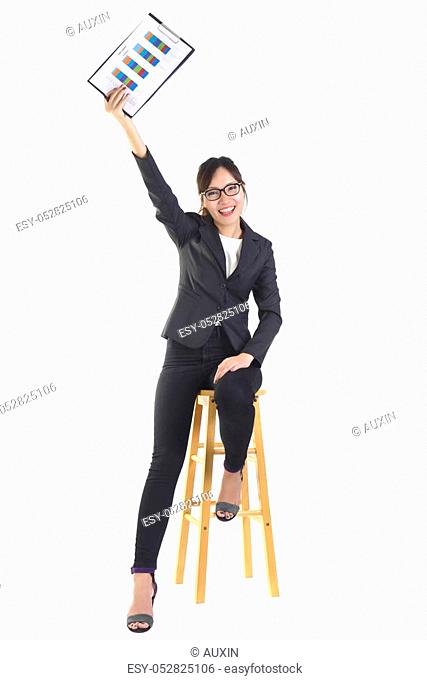Business women in business suit holding black folder with paperwork on pure white background