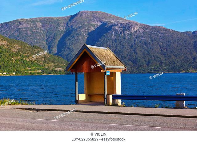 Bus stop in Sogndal Norway - nature and travel background