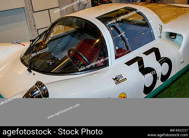 Driver's cabin of historic classic racing car classic car for motorsport Porsche 906 Le Mans 1966 No. 33 from 60s, fair Techno Classica, Essen