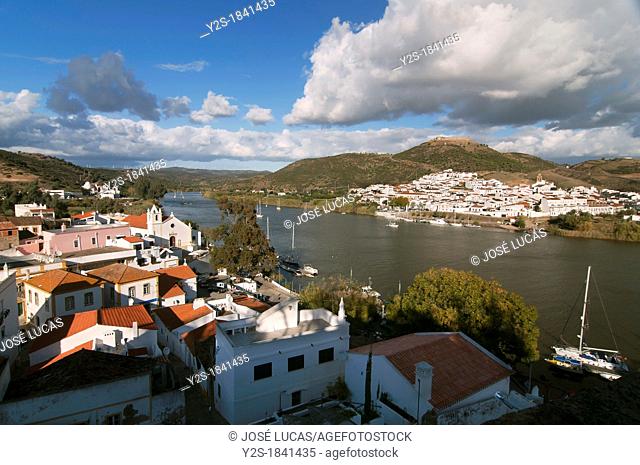 Panoramic view with Guadiana river, Spanish-Portuguese border, Alcoutim Portugal, In the background Sanlucar de Guadiana, Huelva, Spain