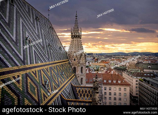 View over the city of Vienna from the top of St Stephans Cathedral