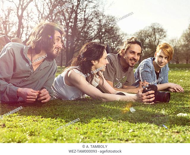 Group of four friends relaxing on a meadow