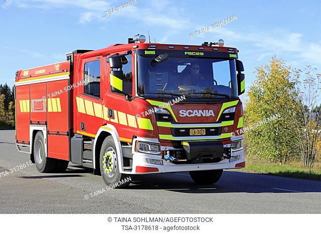 Lieto, Finland - October 19, 2018: Scania P370 CrewCab fire truck on Scania Urban Tour 2018 in Turku. Scania's new truck generation is now complete