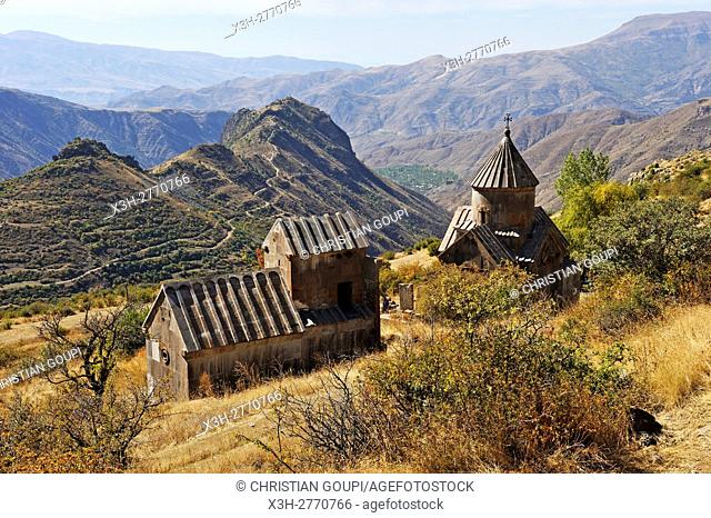 Tsakhats Kar Monastery with the Smbataberd fortress in the background, near Yeghegnadzor, Vayots Dzor province, Armenia, Eurasia