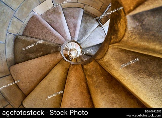 Interior spiral staircase of the Tower of the Passion, La Sagrada Familia Basilica. Barcelona. Spain. The Basilica and Expiatory Church of the Holy Family is a...