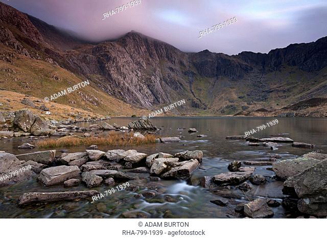 Twilight at Llyn Idwal looking into the Devil's Kitchen, Snowdonia National Park, Wales, United Kingdom, Europe