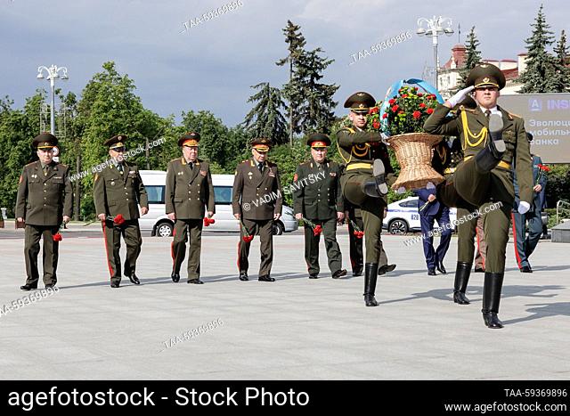 BELARUS, MINSK - MAY 25, 2023: Belarus' Defence Minister Viktor Khrenin, Russia's Defence Minister Sergei Shoigu, CSTO Joint Staff Chief Anatoly Sidorov and...