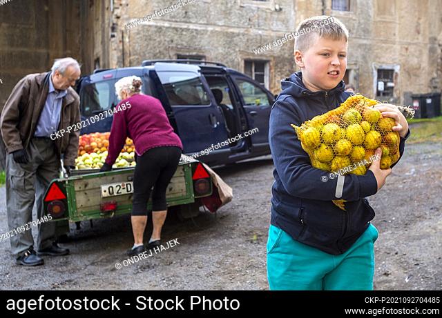 People bring their harvested apples into apple juice factory in Ceska Kamenice, Czech Republic, and take away the freshly pressed apple juice, September 27