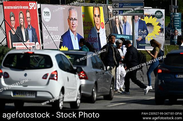 PRODUCTION - 26 September 2023, Hesse, Frankfurt/Main: Election posters of the top candidates Nancy Faeser (SPD, l-r), Federal Minister of the Interior