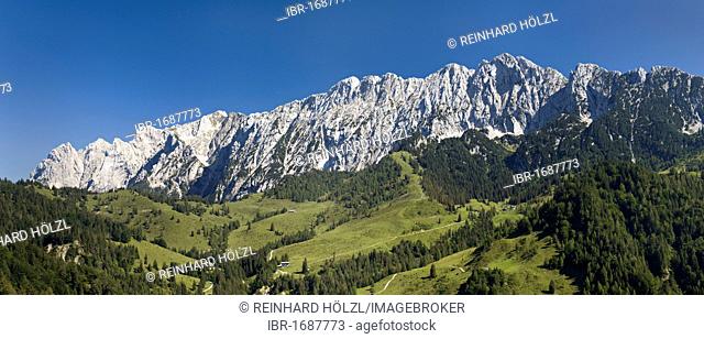 Steinbergalm alpine pasture and Wilder Kaiser Mountain, Kufstein, Lower Inn Valley, Tyrol, Austria, Europe
