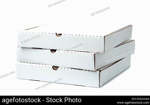 Stack of three blank pizza boxes isolated on white