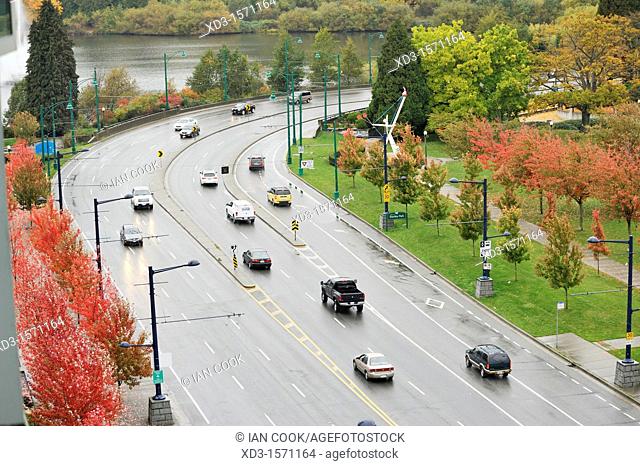 Stanley Park Causeway in autumn, Vancouver, British Columbia, Canada
