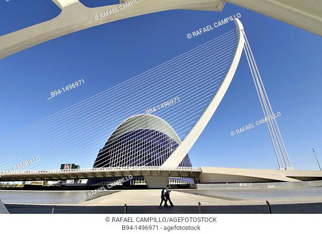 Agora building and Assut de l'Or bridge in the City of Arts and Sciences by Santiago Calatrava, Valencia. Comunidad Valenciana, Spain