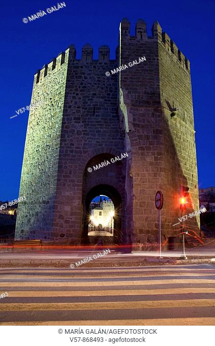San Martín bridge and pedestrian crossing, night view. Toledo, Castilla La Mancha, Spain