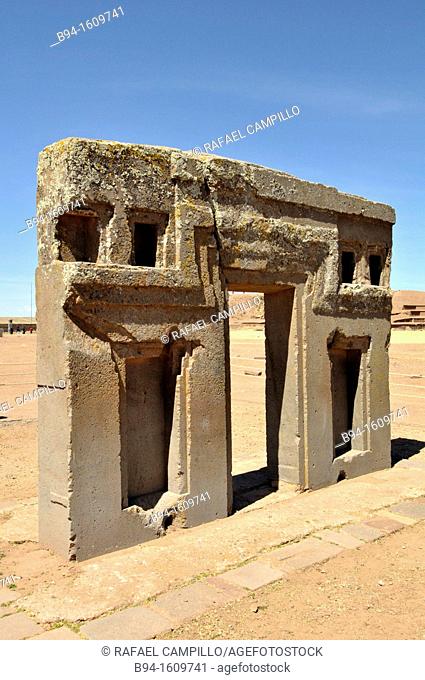So-called Gate of the Sun is a megalithic solid stone arch or gateway constructed by the ancient Tiwanaku culture of Bolivia over 1500 years before the present