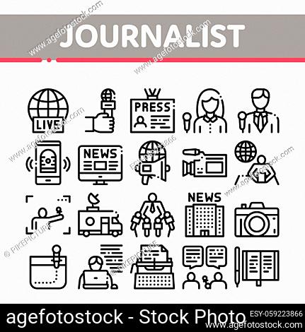 Journalist Reporter Collection Icons Set Vector Thin Line. Journalist And Hand With Microphone, Video And Photo Camera, Press And Live News Concept Linear...