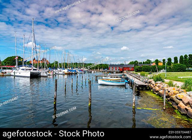 Nysted, Denmark - 11 June, 2021: harbor front and marina on a beautiful summer day in Nysted