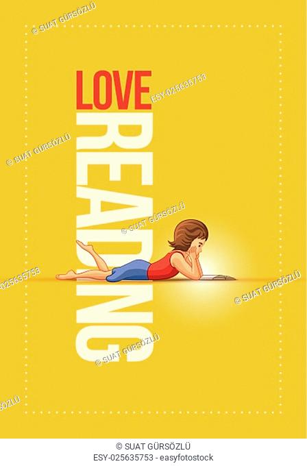 Girl lying down and reading book. Vector illustration and poster design template