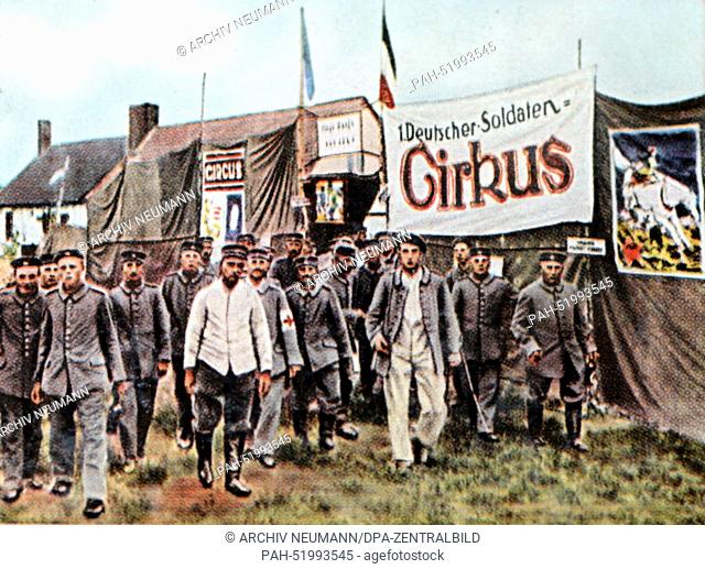The contemporary colorized German propaganda photo shows German soldiers visiting the first German soldiers circus, date and location unknown (1914-1918)