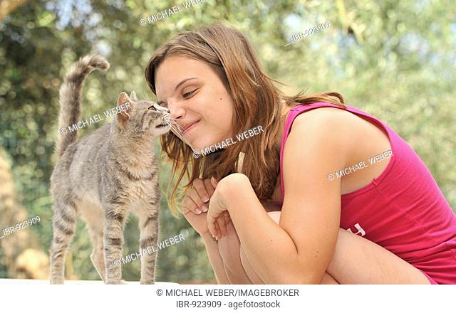 Young cat cuddling with a girl